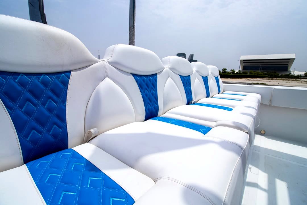 Quilted blue and white leather boat seats close-up