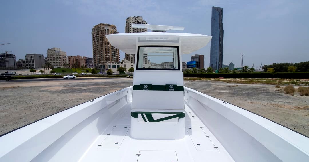 Patrol boat foredeck with Dubai Police-themed seats and Dubai skyline